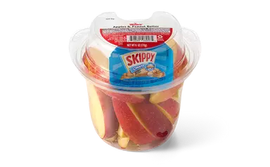 "4.6 oz container of apple slices and peanut butter for dipping.