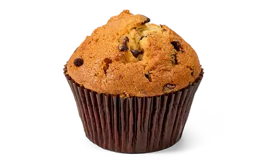Golden brown chocolate chip muffin with visible chocolate chunks.