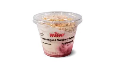 Strawberry vanilla yogurt parfait with granola and fresh strawberries.